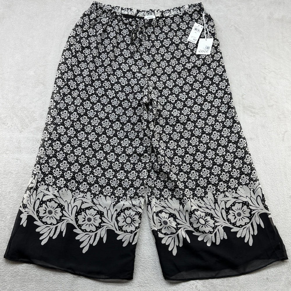 CeCe Wide Leg Pant Women XL Black Floral Drawstring Chiffon Boho Chic Resortwear